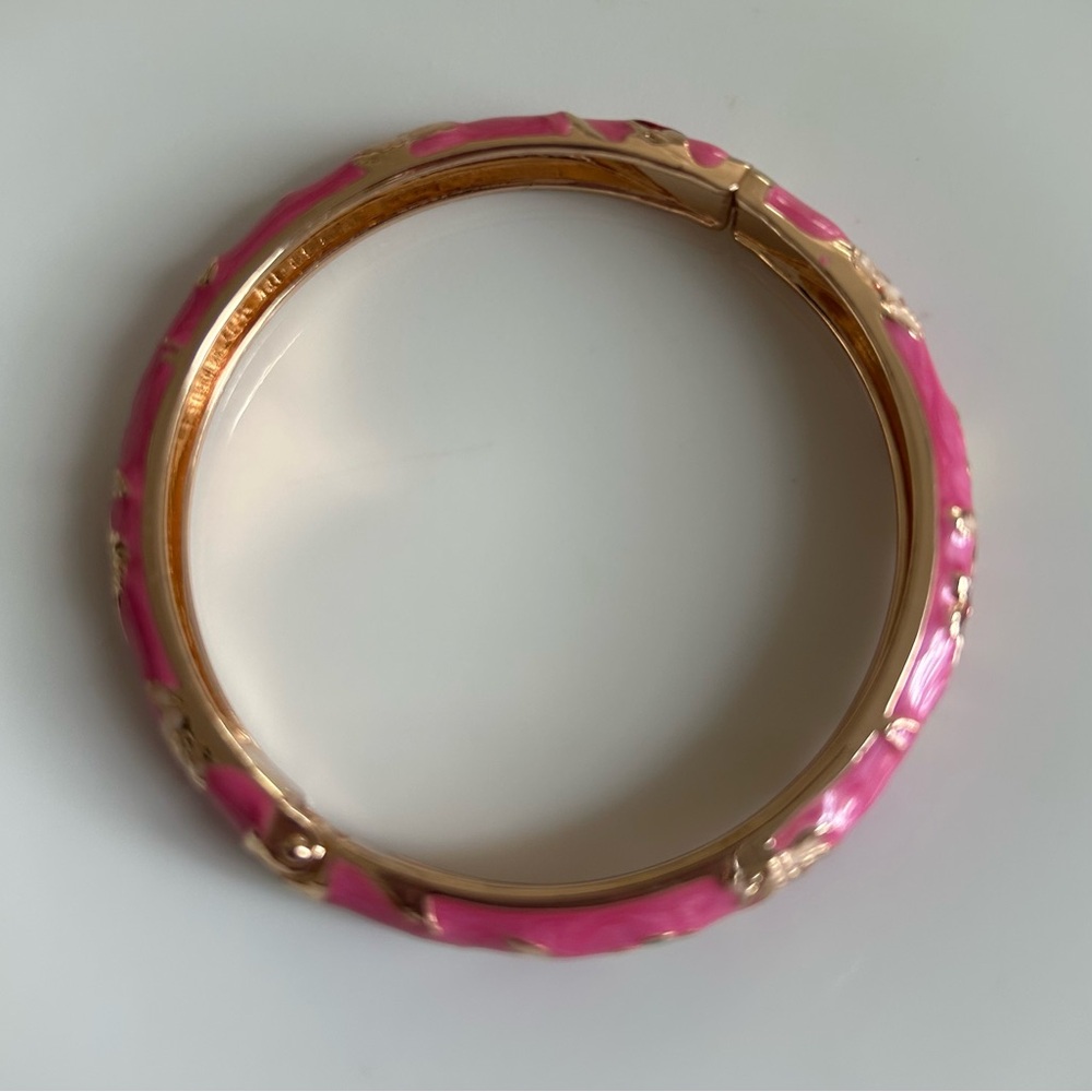 Jui Long Jing Pink Enamel and Gold Tone Metal Floral Bangle - Picture 6 of 7